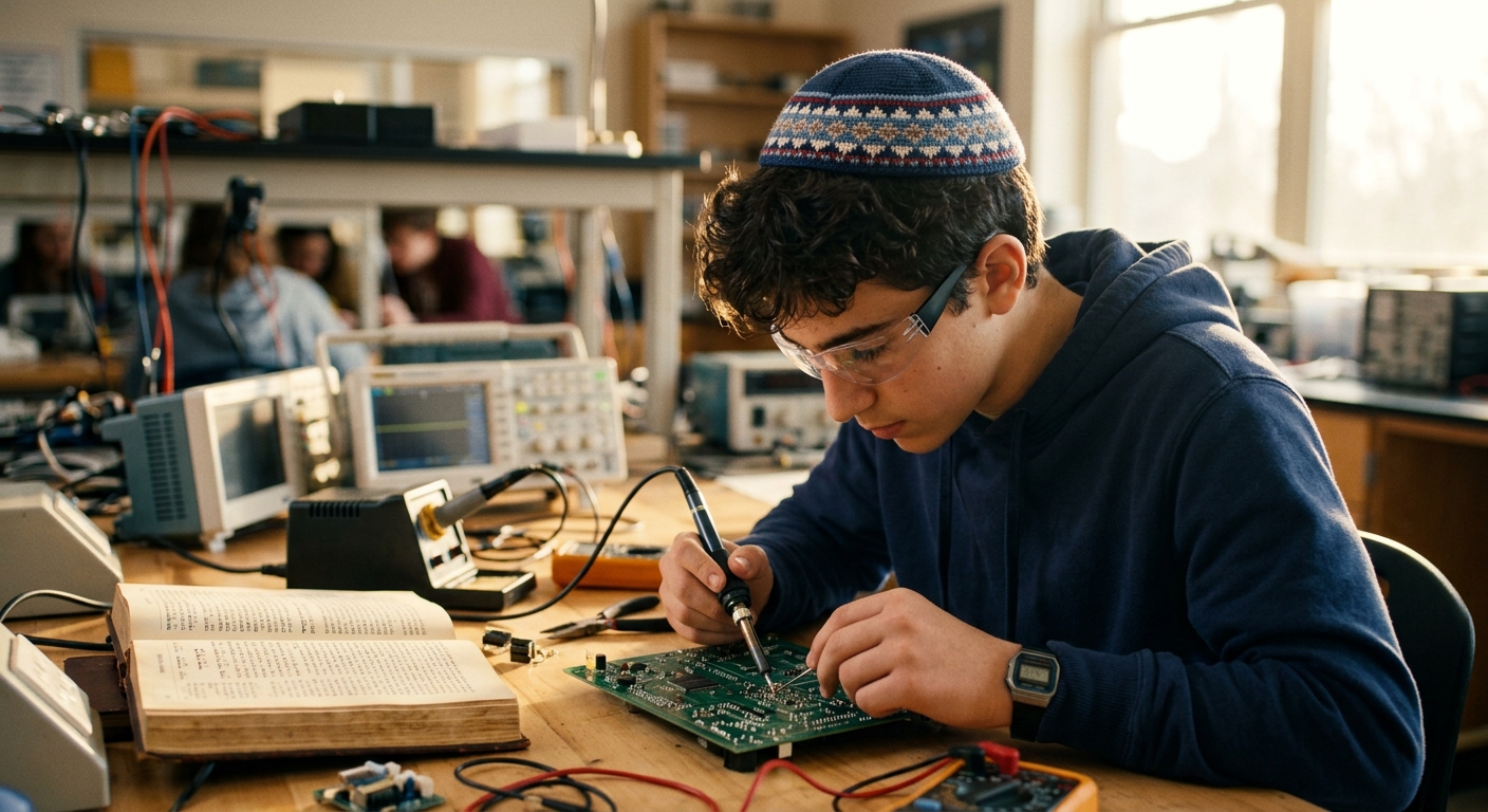 תלמיד דתי חובש כיפה סרוגה ומשקפי מגן מלחים רכיבים על מעגל אלקטרוני במעבדה, כשלידו מונח ספר קודש פתוח.