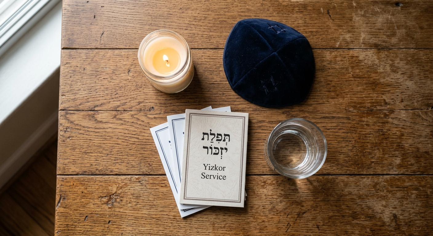 נר נשמה דולק, ספרון תפילת יזכור וכיפה כחולה מונחים על שולחן עץ, סמלים למנהגי זיכרון ואבלות במסורת היהודית